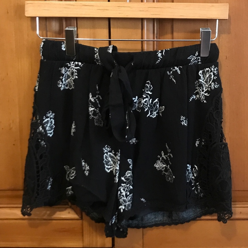 Flowy and Floral Black Shorts with Front Tie
